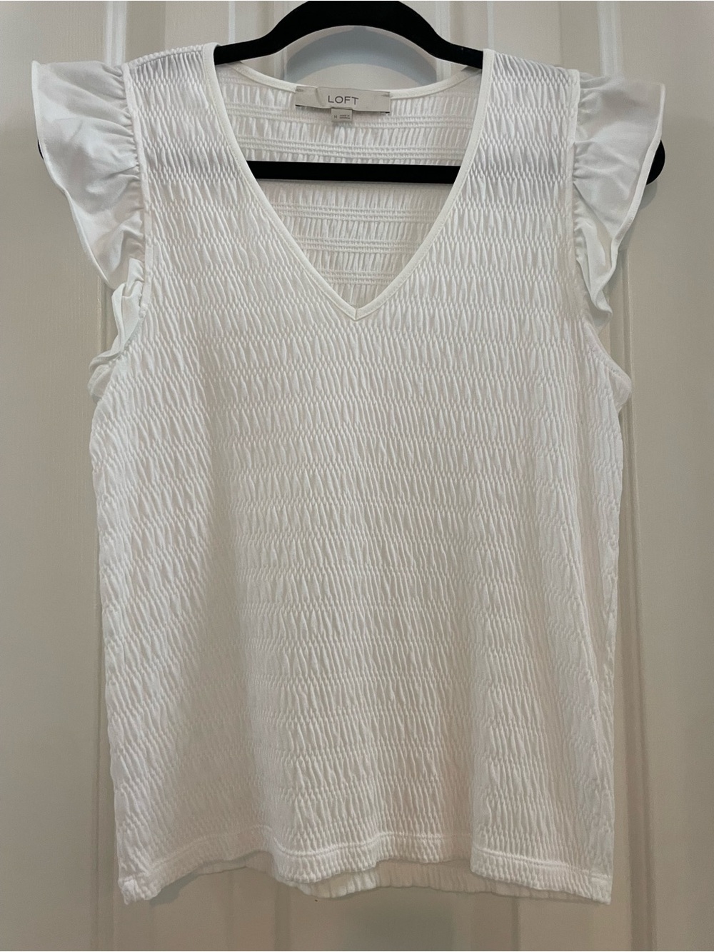 LOFT White Textured V-Neck Flutter Sleeve Top